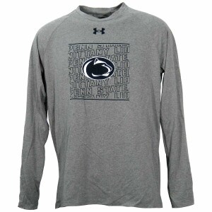 gray long sleeve Under Armour t-shirt with Penn State Athletic Logo and repeating Penn State Nittany Lions